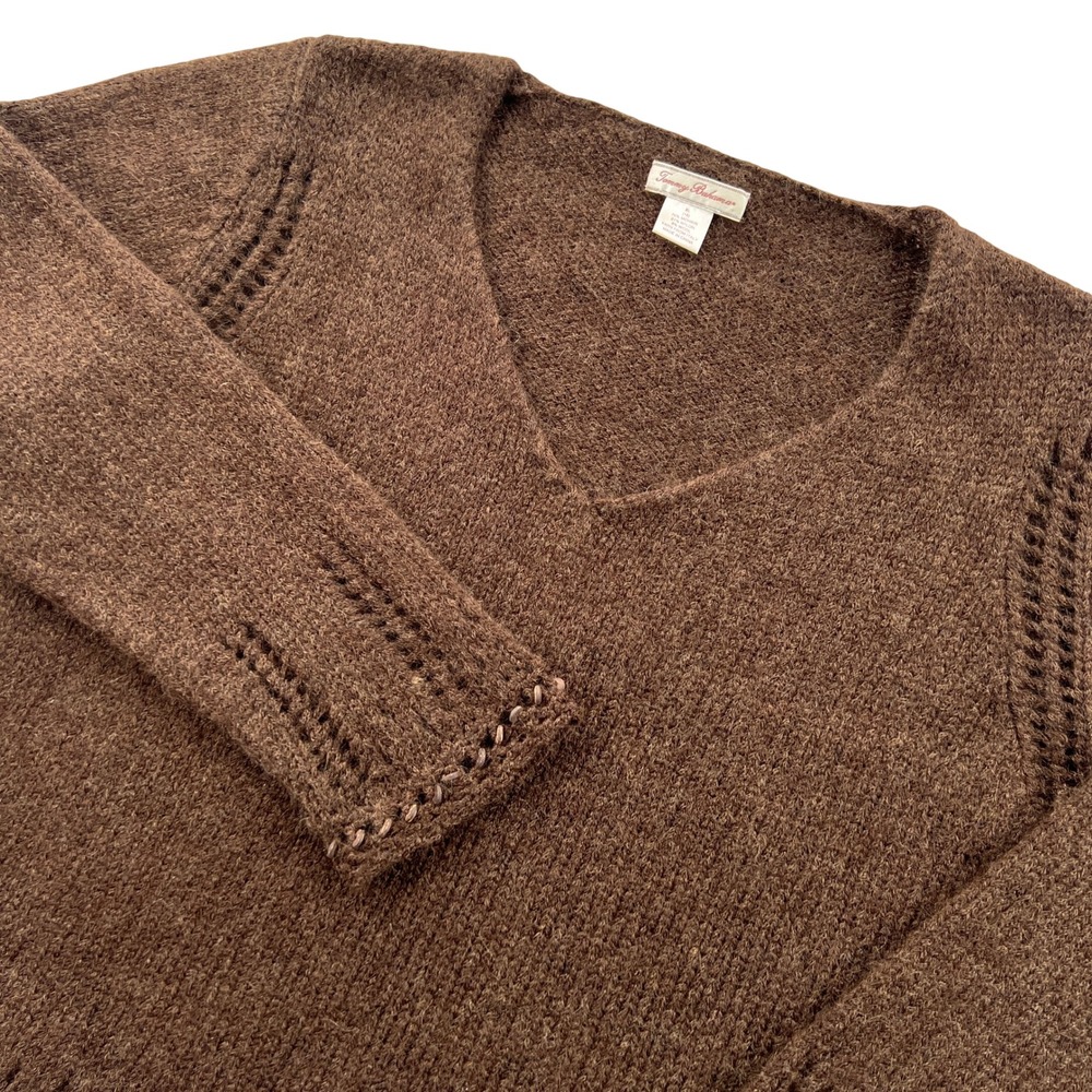 Tommy Bahama Mohair Wool Sweater Women XL Brown V Neck Fuzzy Beaded Resort